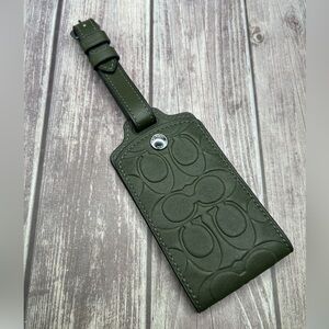 NWT COACH Luggage Tag Signature Leather Dark Shamrock Gunmetal Olive Green